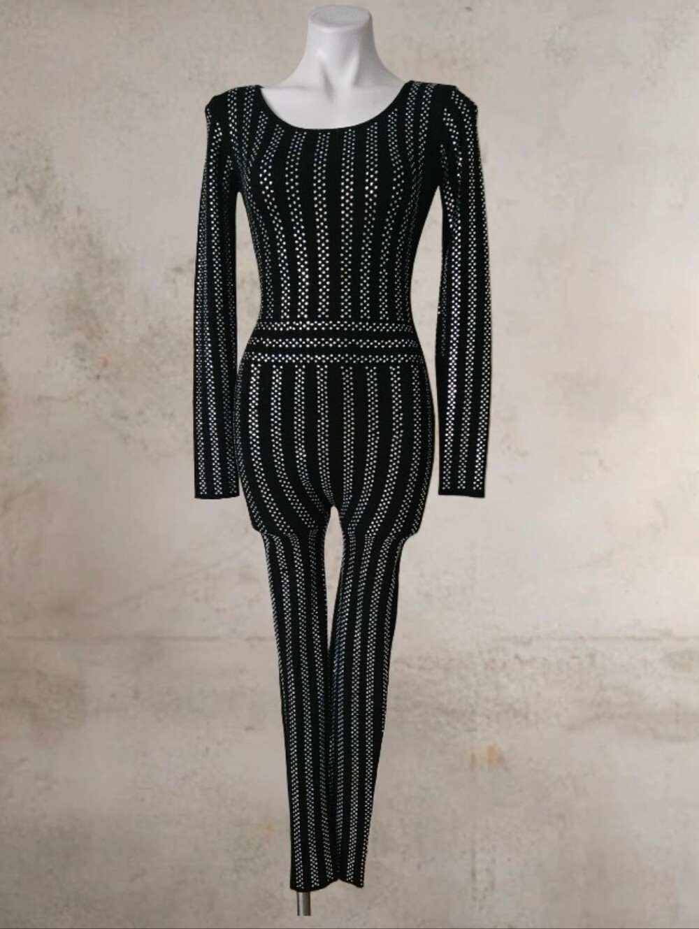 HERA COLLECTION Black Knit Jumpsuit with Dot Rhinestone Pattern Small( As Is)